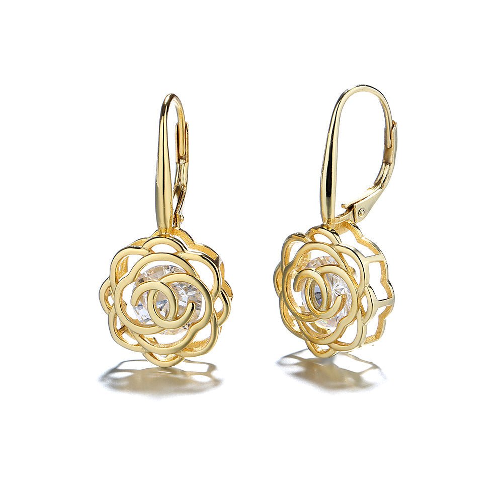 Caged Swarovski Crystal Floating Rose Lever Back Earrings - Tuesday Morning-Leverback Earrings