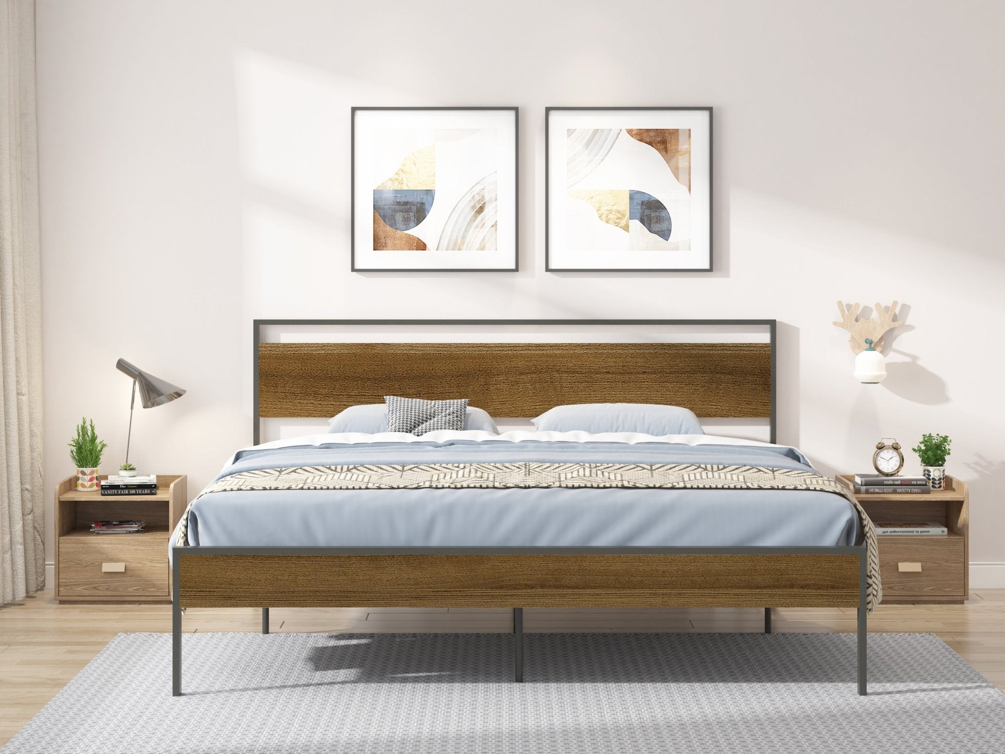 Ceres Metal Bed, Black with Cinnamon Wood Headboard&Footboard, King - Tuesday Morning-Beds & Bed Frames
