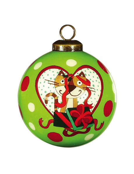 Charming Cat in a Heart Hand Painted Mouth Blown Glass Ornament - Tuesday Morning-Christmas Ornaments