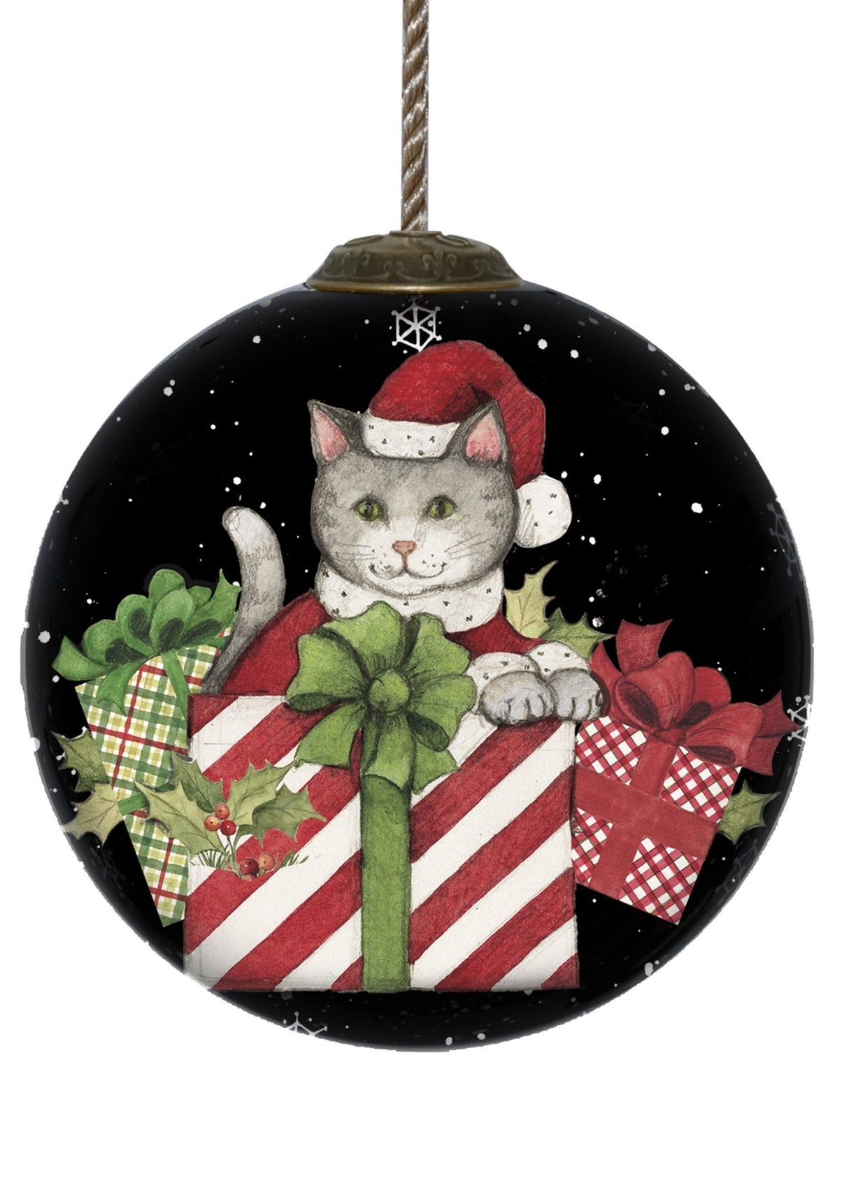 Christmas Cat with Presents Hand Painted Mouth Blown Glass Ornament - Tuesday Morning-Christmas Ornaments