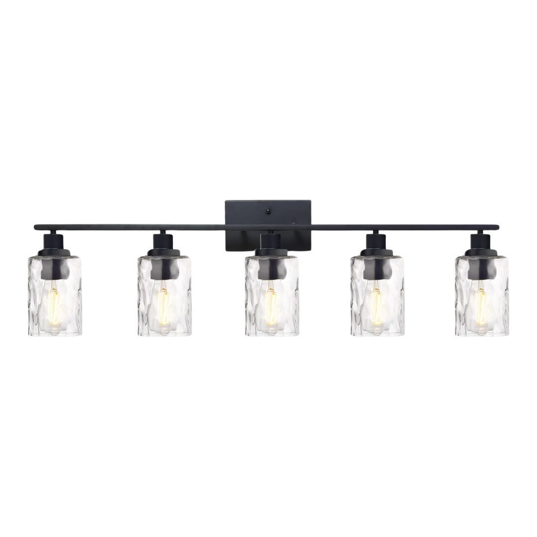 TM-HOME-5-Light-Lighting-Fixtures,-Contemporary-Black-Vanity-Light-Wall-Lamp-with-Clear-Hammered-Glass-Shade-Wall-Lighting
