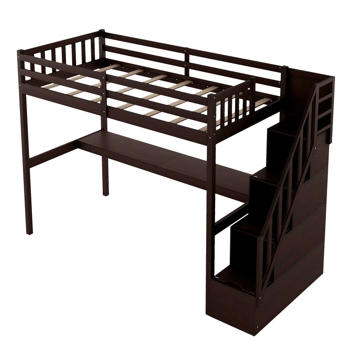 Espresso Twin Size Loft Bed with Built In Desk and Stairway - Tuesday Morning-Loft Beds