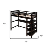 Espresso Twin Size Wood Loft Bed with Storage Shelves and Desk - Tuesday Morning-Loft Beds