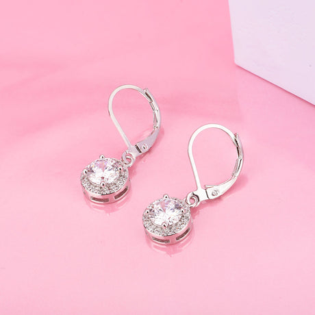 Genuine Crystal Halo Leverback Earrings in 18K White Gold - Tuesday Morning-Leverback Earrings