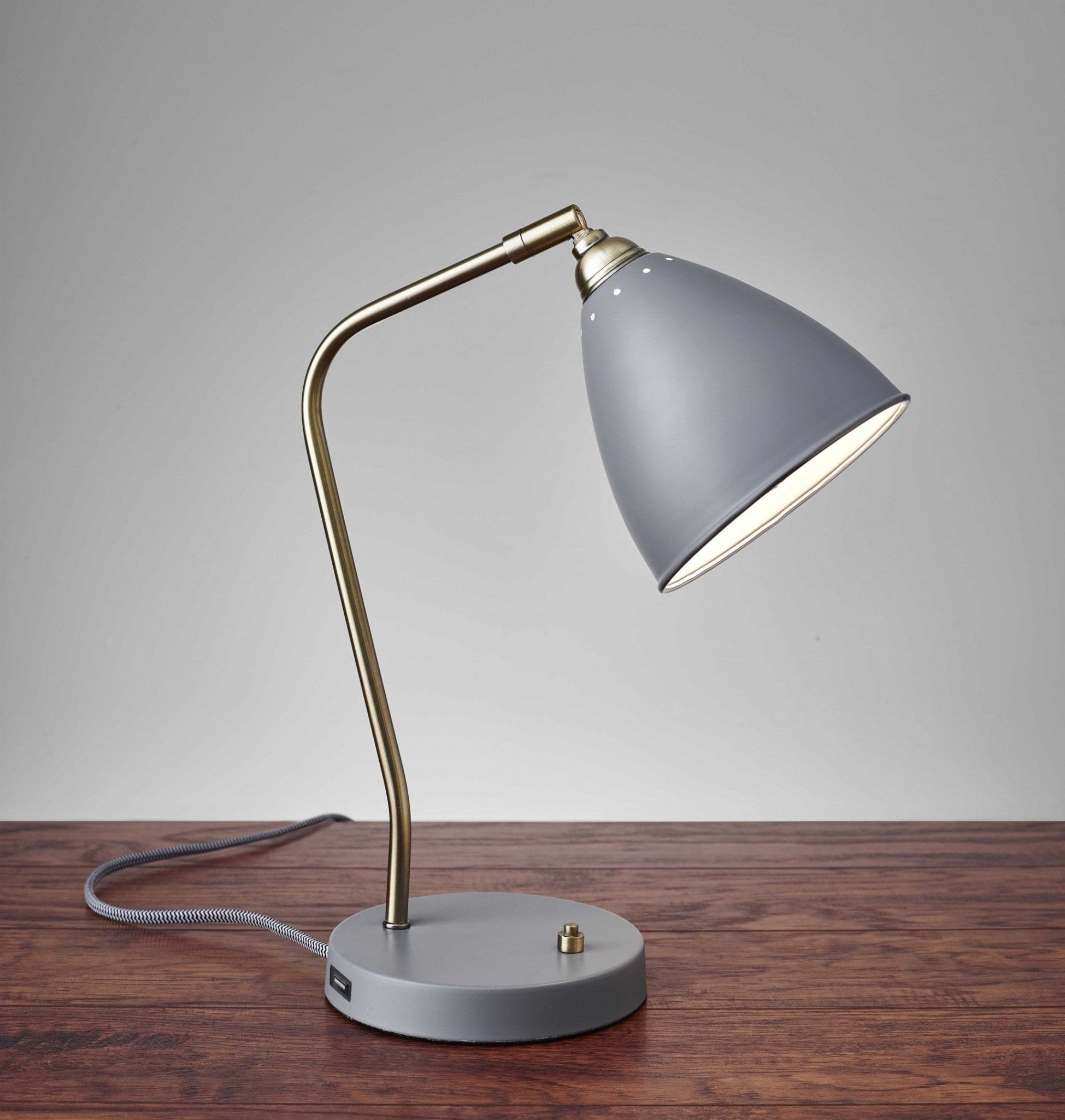 Grey Metal And Antique Brass Adjustable Usb Port Desk Lamp - Tuesday Morning-Table Lamps