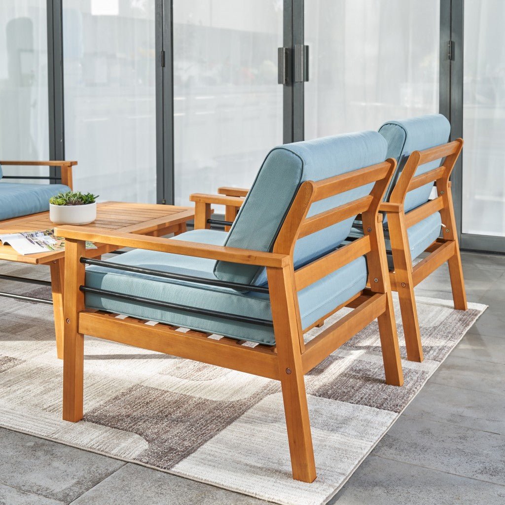 Natural Wood Outdoor Armchair with Aqua Cushion - Tuesday Morning-Outdoor Chairs