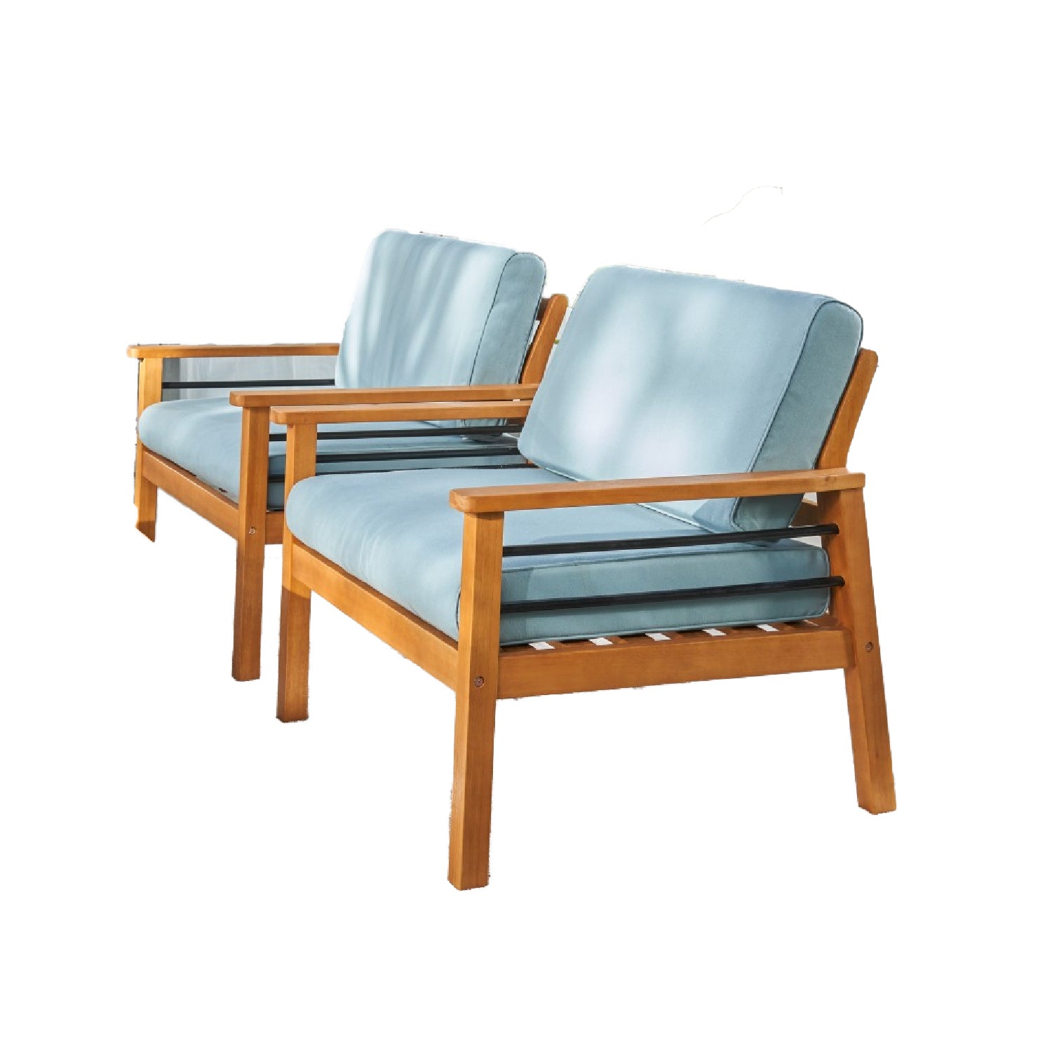 Natural Wood Outdoor Armchair with Aqua Cushion - Tuesday Morning-Outdoor Chairs