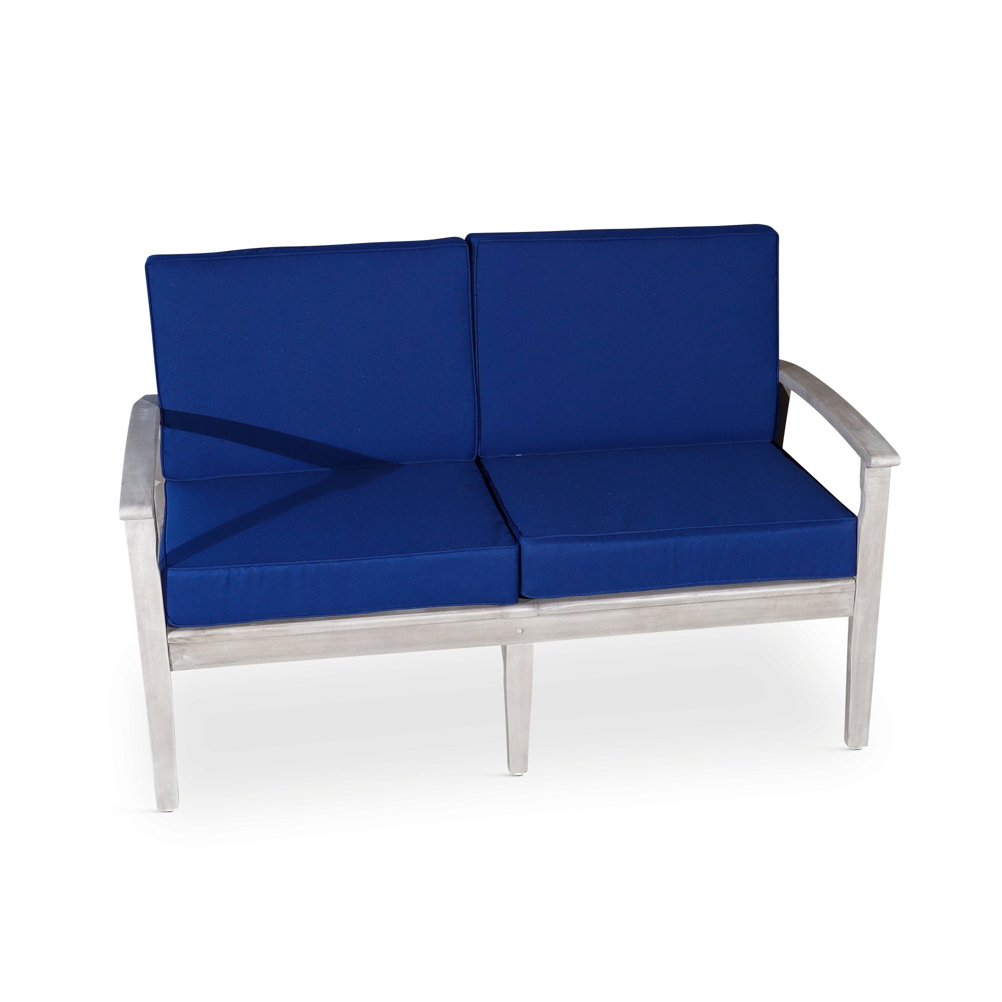 Outdoor Loveseat with Cushions, Silver Gray Finish, Navy Cushions - Tuesday Morning-Chairs & Seating