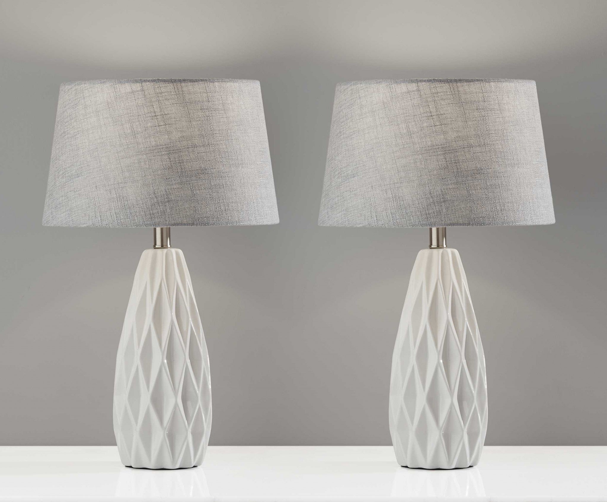 Set Of 2 White Ceramic Geometric Base Table Lamp - Tuesday Morning-Table Lamps
