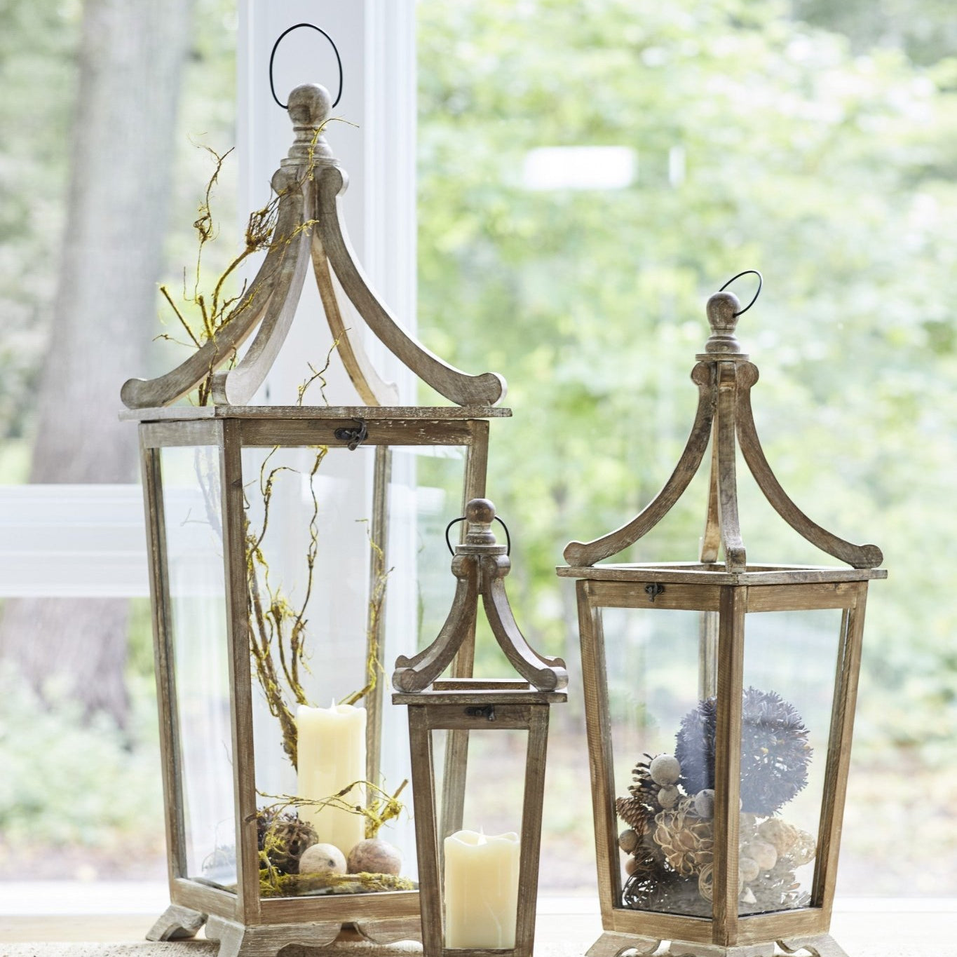 Set Of Three Brown Flameless Floor Lantern Candle Holder - Tuesday Morning-Candle Holders
