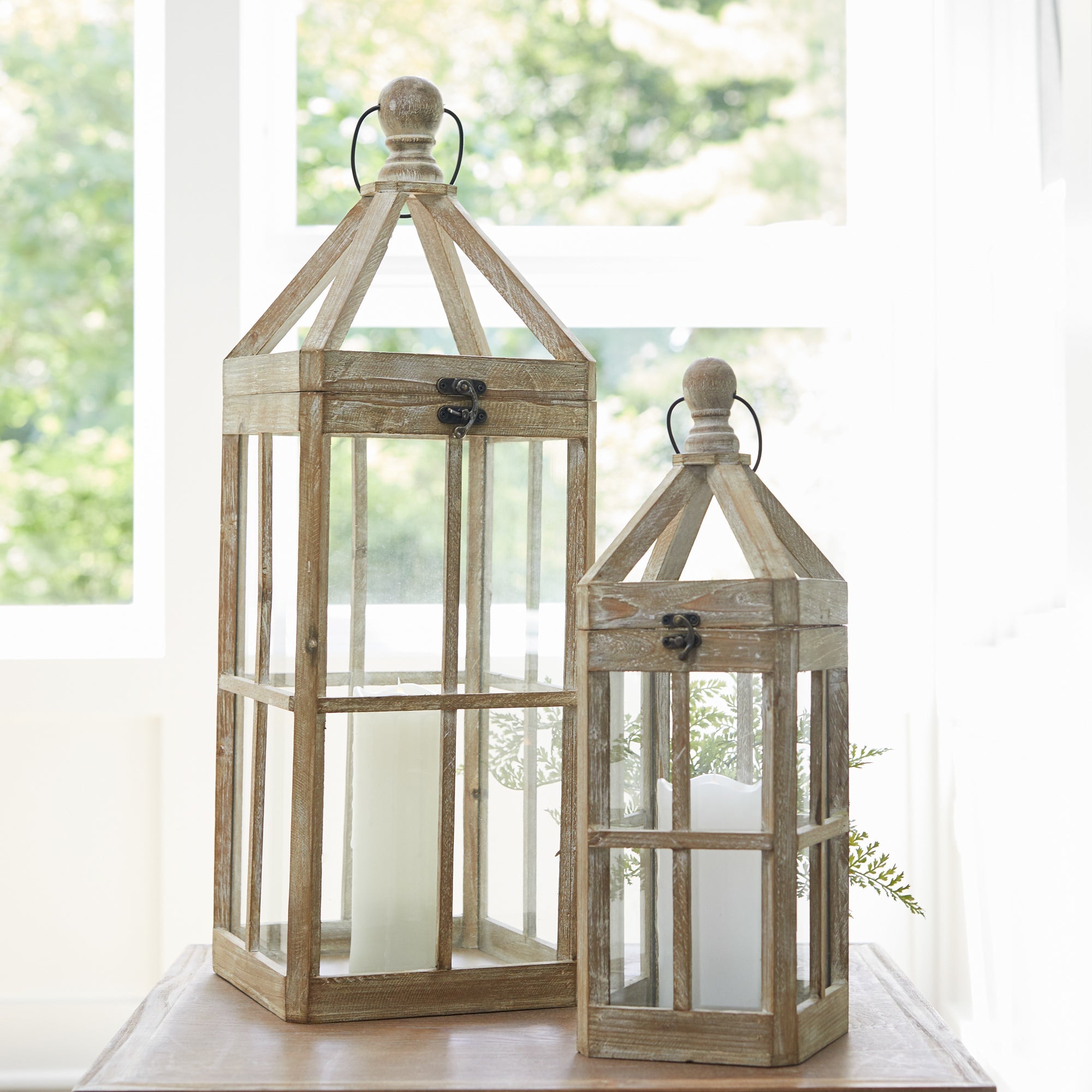 Set of Two Natural and Clear Wood and Glass Floor Lantern Candle Holders - Tuesday Morning-Candle Holders