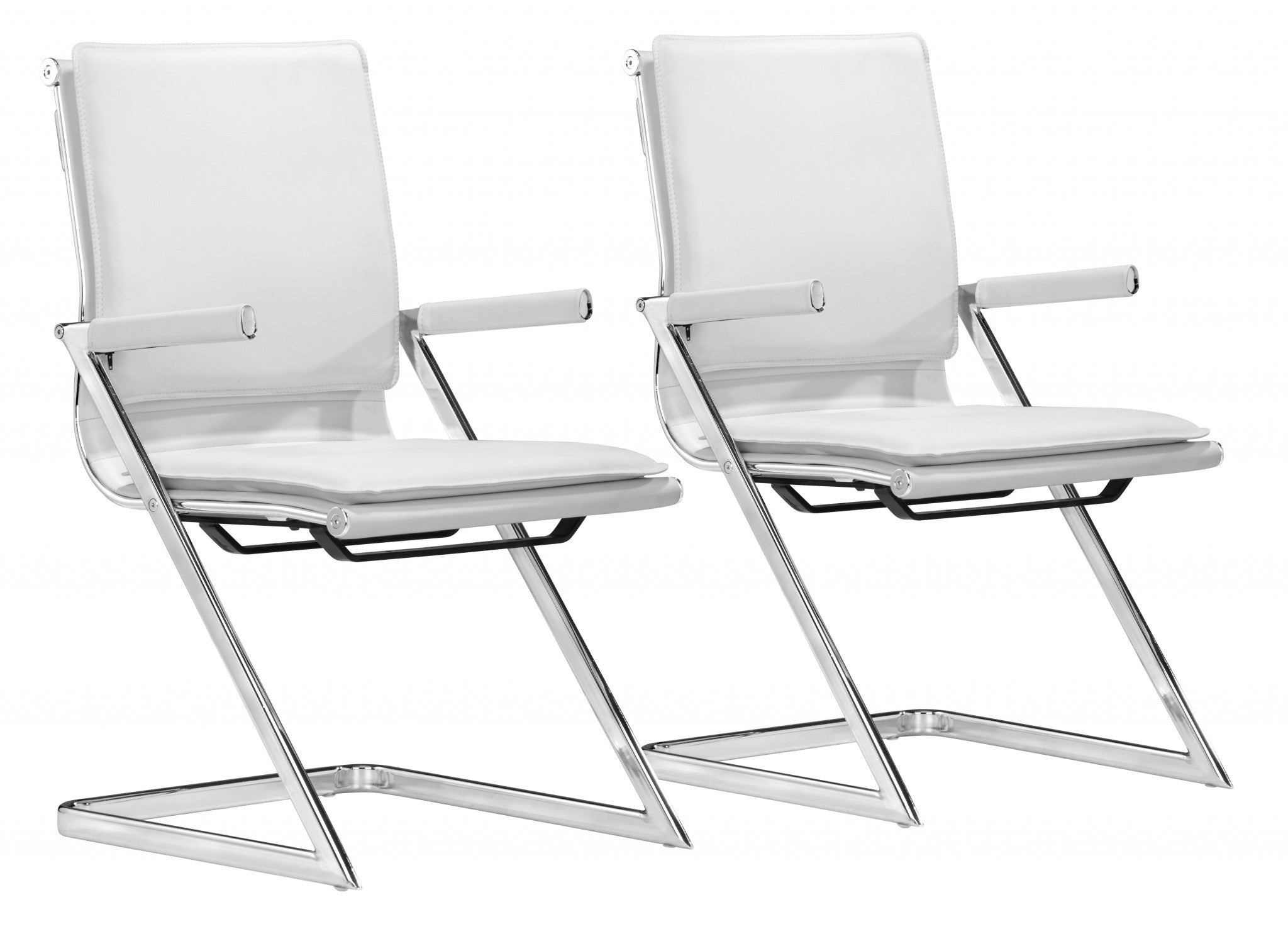 Set-Of-Two-White-Faux-Leather-Seat-Adjustable-Conference-Chair-Metal-Back-Steel-Frame-Office-Chairs