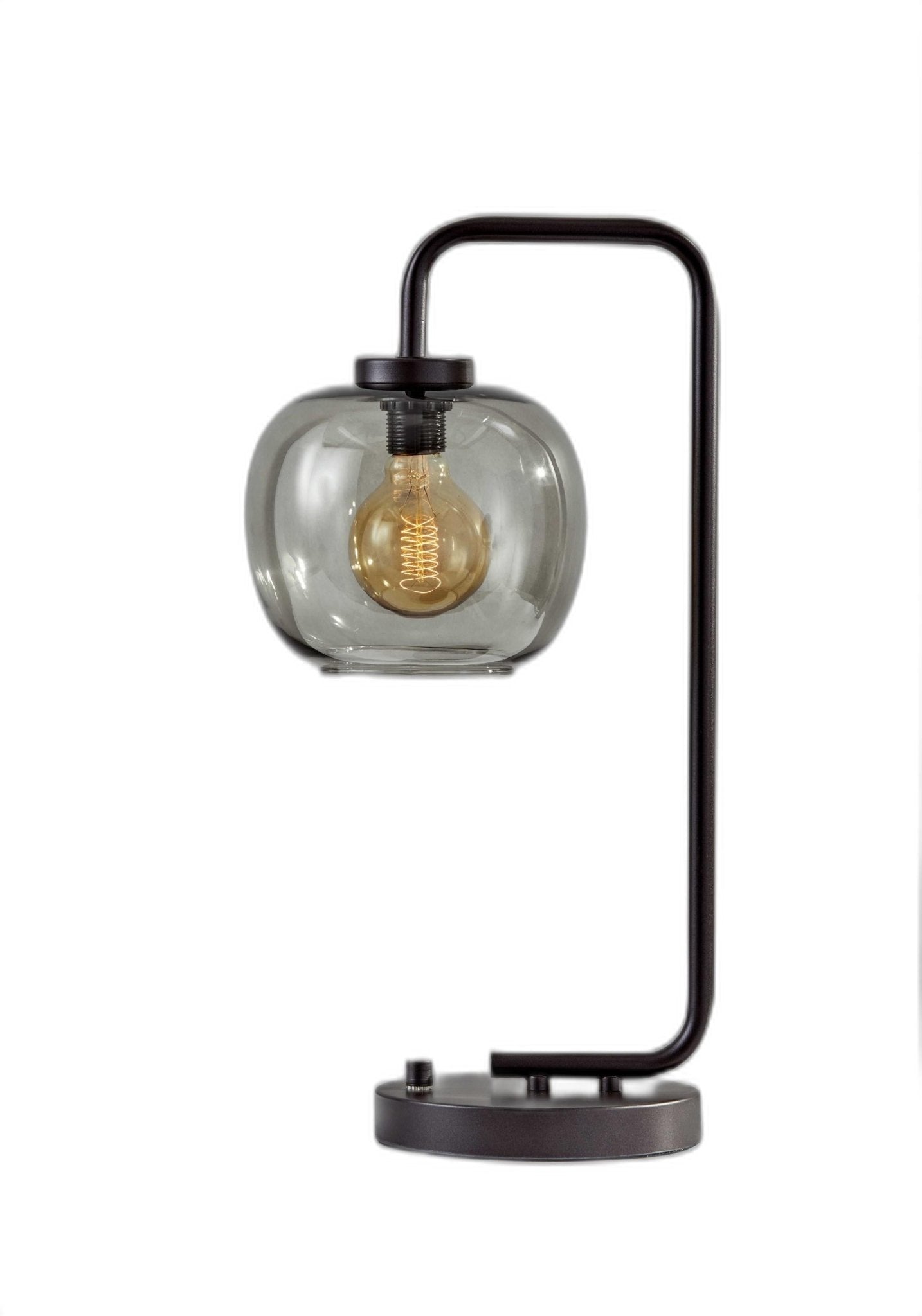 Smoked Glass Globe Shade With Vintage Edison Bulb And Matte Black Metal Arc Table Lamp - Tuesday Morning-Table Lamps